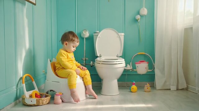 Baby on the toilet. Getting ready to go to the bathroom.