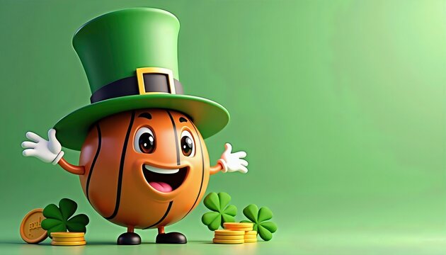 cartoon basketball character wearing a green leprechaun hat, smiling on clean green background. Glossy surface, soft realistic shadows, golden coins, four-leaf clovers, space for text