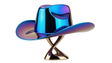 Iridescent cowboy hat sculpture isolated PNG on transparent background, modern art object with...