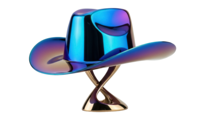 Iridescent cowboy hat sculpture isolated PNG on transparent background, modern art object with metallic blue and purple finish, decorative design element