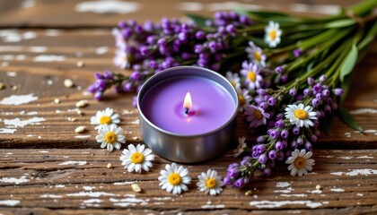 Purple Candle Surrounded by Lavender and Daisies on Rustic Wooden Table for Serene Atmosphere and Relaxation