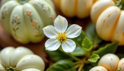 Naklejka premium White Bloom Surrounded by Decorative Pumpkins and Green Leaves for Autumn Harvest and Seasonal Decor
