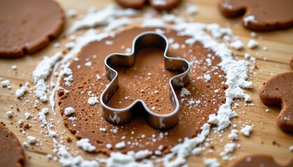 Gingerbread Cookie Dough Preparation with Cutter Surrounded by Flour on Wooden Surface