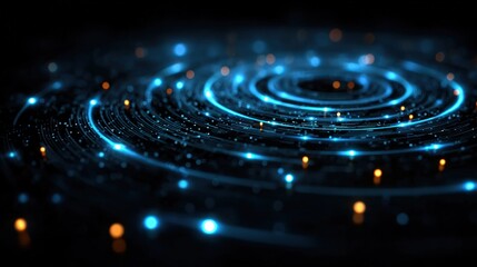 A mesmerizing digital artwork featuring glowing blue concentric circles with scattered orange and blue dots on a dark background