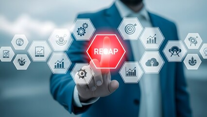 Business professional activating a digital recap interface, surrounded by data analysis and strategic planning icons, symbolizing comprehensive review and performance