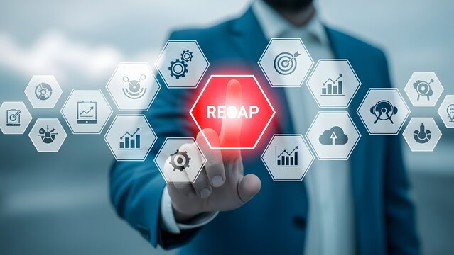 Business professional activating a digital recap interface, surrounded by data analysis and strategic planning icons, symbolizing comprehensive review and performance - Powered by Adobe