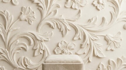 Luxurious beige velvet square podium displayed against an intricate plaster baroque floral wall relief in a warm, elegant interior.