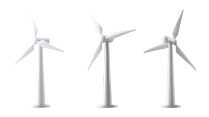 Three Gray Wind Turbines in a Row isolated on a transparent background