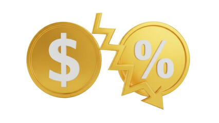 Obraz premium Golden dollar and percentage coins with lightning bolt isolated PNG, financial risk and investment concept on transparent background