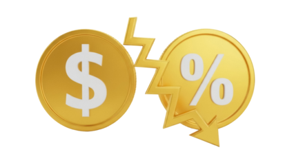 Golden dollar and percentage coins with lightning bolt isolated PNG, financial risk and investment concept on transparent background
