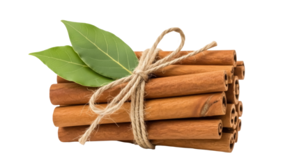 Aromatic cinnamon sticks tied with twine and green bay leaves isolated PNG, culinary spice for baking and festive holiday recipes