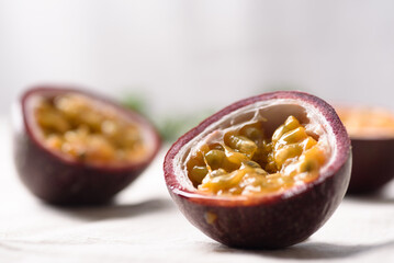 Passion fruit from local market on gray background, Tropical fruit in spring and summer season