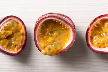 Passion fruit from local market on gray background, Tropical fruit in spring and summer season