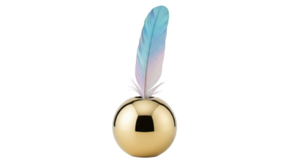 Elegant iridescent feather in golden sphere isolated PNG, decorative element on transparent background for graphic design and creative projects