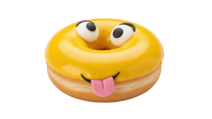 Funny yellow donut with eyes and tongue isolated PNG, sweet dessert with a playful expression on transparent background