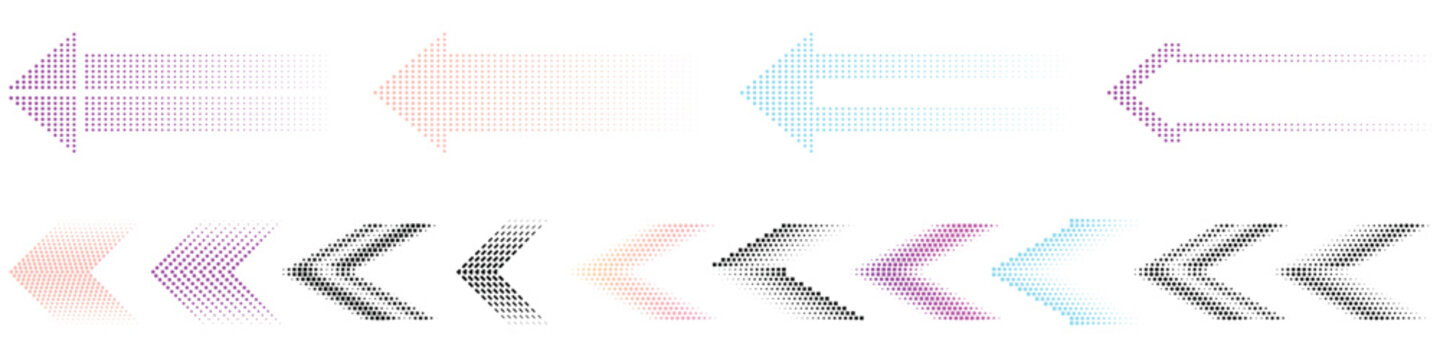 Dotted arrow icon set. Gradient dot vector isolated elements Arrows halftone effect on white background