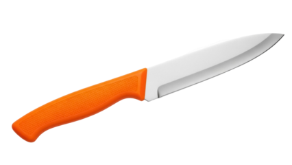 Orange handled kitchen knife isolated PNG on transparent background, sharp cooking utensil for food preparation and culinary arts