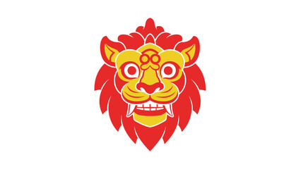 Stylized graphic illustration of a red and yellow mythological lion-like creature's face, resembling traditional Asian or Balinese cultural art and symbolism against a white background