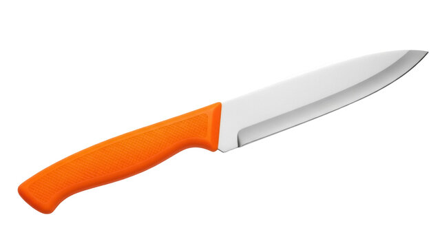 Orange handled kitchen knife isolated PNG on transparent background, sharp cooking utensil for food preparation and culinary arts