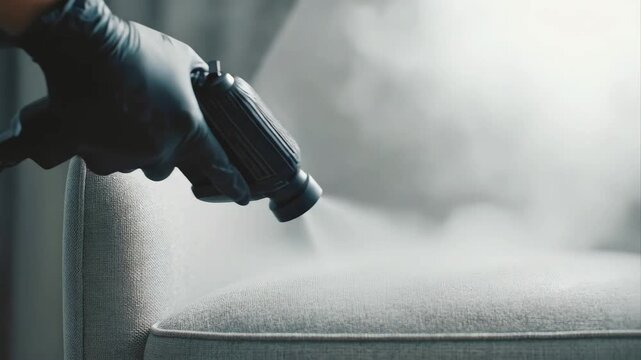 Close-up of hand in glove using professional steam cleaning nozzle to sanitize fabric armchair. Professional sanitization and cleaning of furniture