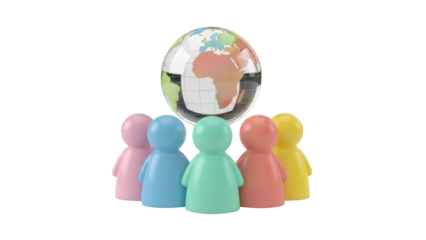 Colorful group of people figurines with globe isolated PNG, global community and teamwork concept on transparent background