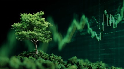 A verdant tree growing on a small hill against a green financial chart background