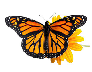 Monarch butterfly perched on a yellow flower, with vibrant orange, black, and white wing patterns