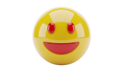 Yellow smiley face PNG isolated on transparent background, happy emoticon with red eyes and mouth for social media and design