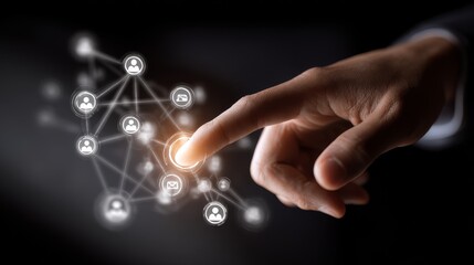 A hand touching a glowing interconnected web of nodes, symbolizing technology connection, digital network, and human interaction with data and social media.