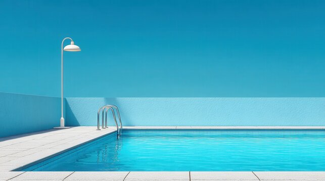 Contemporary minimalistic empty spa pool with blue walls and a single lamp.