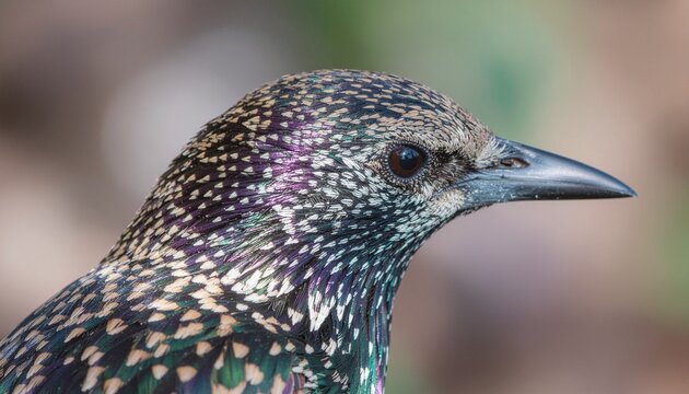A starling's majestic profile with iridescent feathers glistening in soft natural light, showcasing intricate details and vibrant colors.