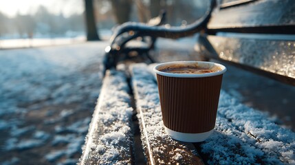 Naklejka premium A warm drink sits on a snow-covered bench in a sunny park on a cold winter day