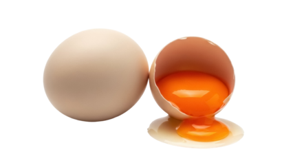 Cracked egg with yolk isolated PNG, fresh organic food ingredient for cooking and baking on transparent background