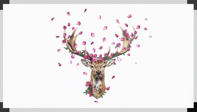 Deer's head with floral adornments and falling petals on white background illustration