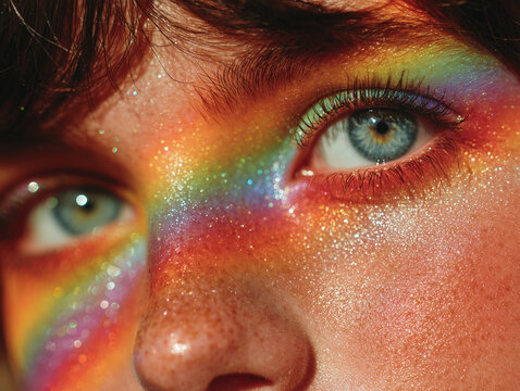 Blauer Blick mit Regenbogenfarben im Gesicht &ndash; ausdrucksstarkes Farbportr&auml;t