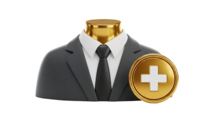 3D businessman avatar with golden head and plus sign isolated PNG, concept for adding new team members or expanding business