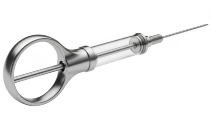 Vintage metal and glass syringe with sharp needle isolated on a transparent background