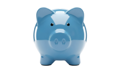 Blue piggy bank PNG isolated on transparent background, savings and investment concept for financial planning and money management