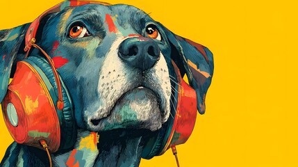 A dog wearing headphones is staring at the camera