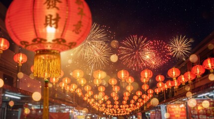 Fototapeta premium Celebrating lunar new year colorful lanterns and fireworks in a traditional chinese festival atmosphere at night