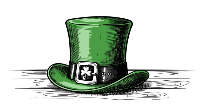 Green leprechaun hat with shamrock buckle on wooden surface