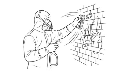 person cleaning graffiti on the wall with special equipment simple line art shape vector illustration © Giorgi