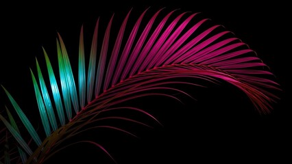 Vibrant Palm Leaf Silhouette with Neon Colors on Black Background.