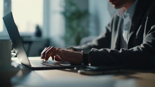 Professional businessman typing on laptop at desk in office with soft natural light and blurred
