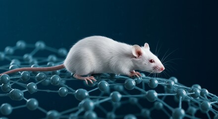 White lab mouse walking on abstract molecular model
