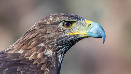 Obraz premium A large bird of prey shows its sharp beak and keen eye in profile view outdoors.