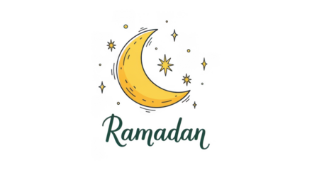 Yellow crescent moon with stars and text isolated on a transparent background night