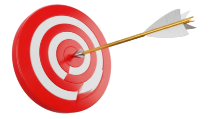 Red and white target with arrow in bullseye isolated PNG, achieving goals and success in business and marketing