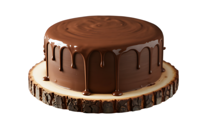 Chocolate cake with smooth edge and drip glaze on a wooden stump dessert