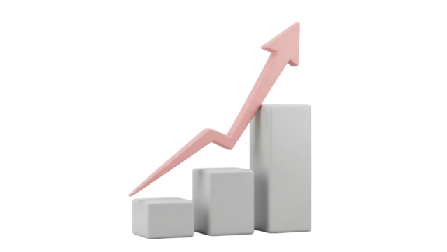 Rising bar graph with arrow isolated PNG, business growth chart with upward trend on transparent background, financial success and investment concept - Powered by Adobe